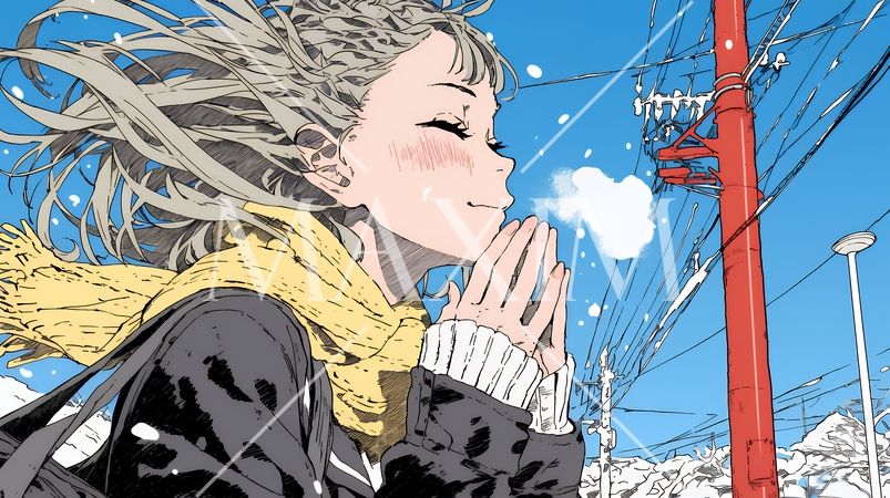 かじかんだ手に息を吹きかけて温めている若い女性