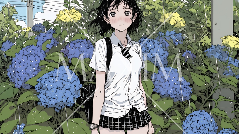 アジサイと梅雨の長雨と若い女性