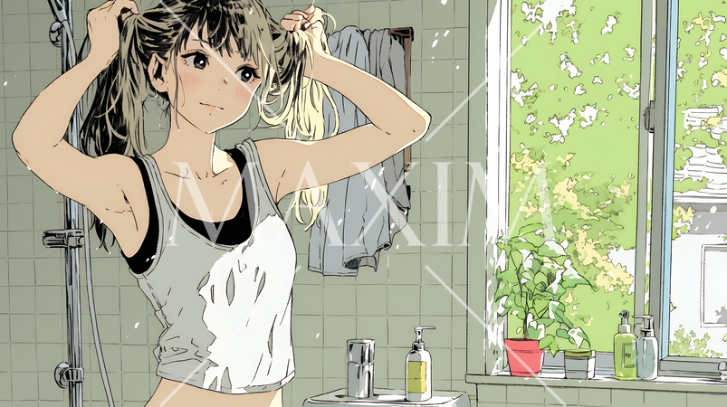 朝支度：洗面所で髪をまとめている若い女性