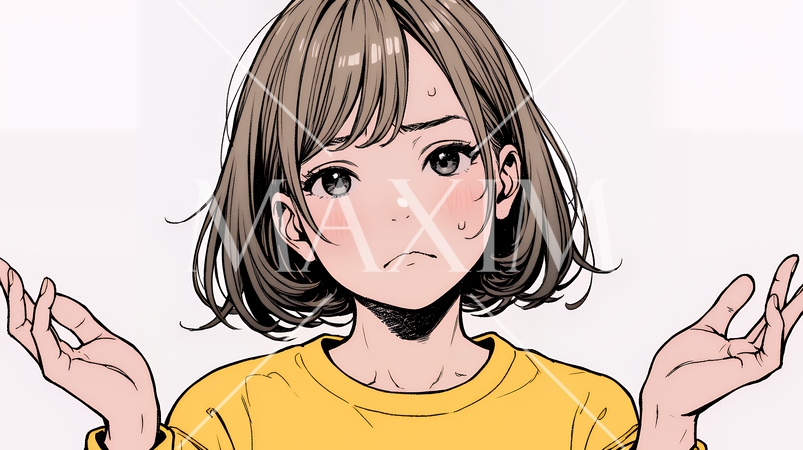 肩をすくめて困惑・諦めの仕草をしている若い女性