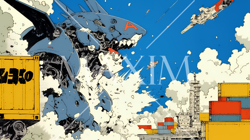 巨大関税ロボットが自由貿易港のコンテナ基地を破壊して、輸出入を妨害している