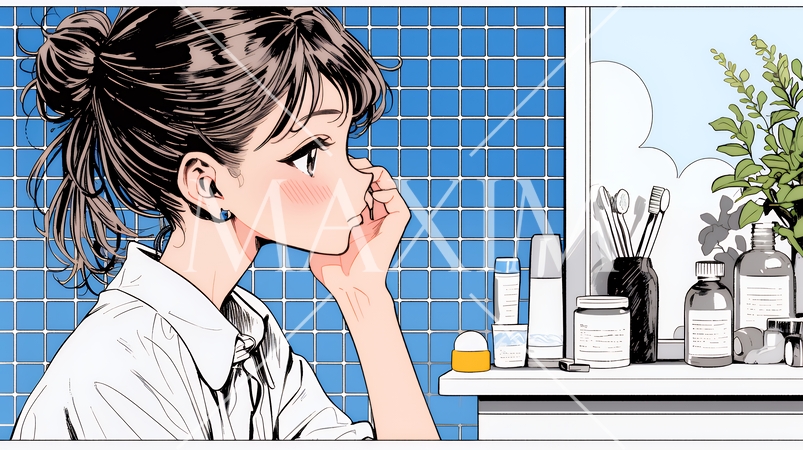 スキンケアを念入りに行う若い女性