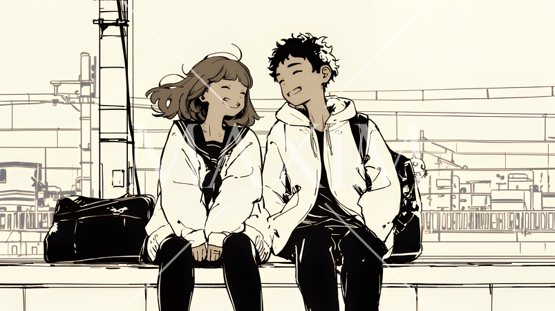 幸せそうなカップル：腰掛けて談笑（シンプルな色使い）