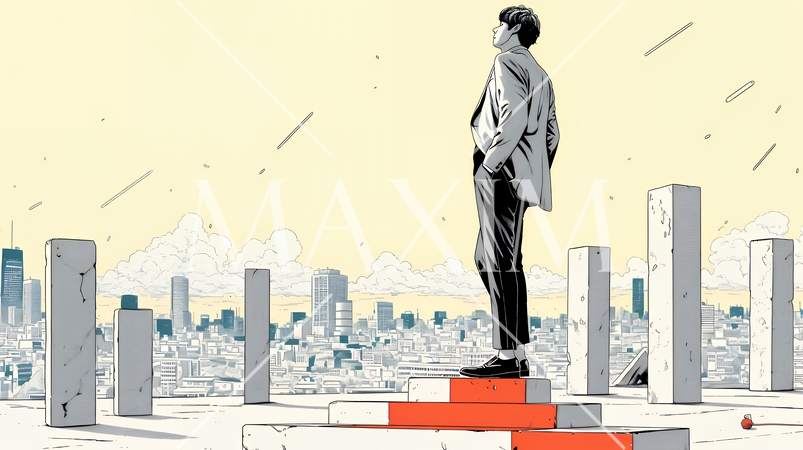 コンクリートブロックを積み上げているビジネスマン：計画の段階的積み重ねの比喩