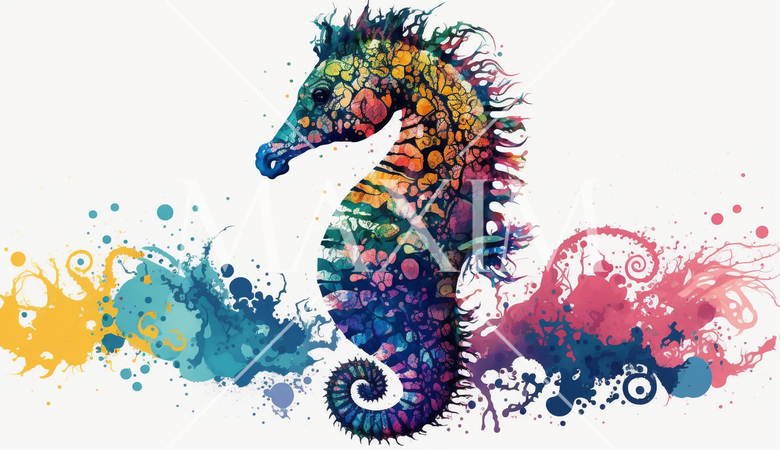 タツノオトシゴ：カラフルでサイケデリックでシュールレアリズム的な水彩画