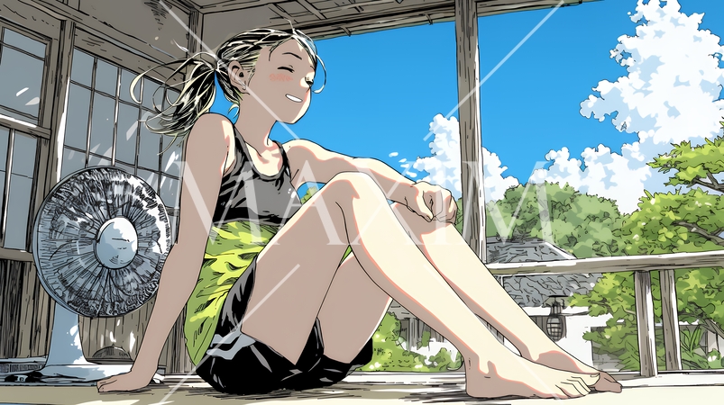 暑い夏の昼下がり、扇風機にあたって涼んでいる若い女性