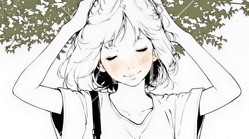 気恥ずかしそうに頭をかき、ごまかすような仕草を見せる若い女性（シンプルな色使い）