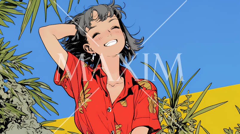 沖縄のかりゆしファッションを着て笑顔いっぱいの若い女性