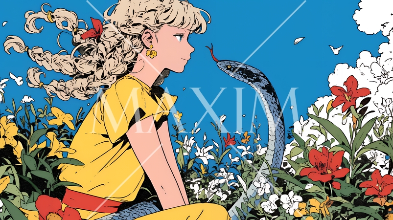 年賀状用：ヘビとなかよしの若い女性