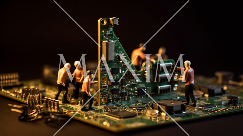 PCの基板の上で一生懸命働いている小人たち