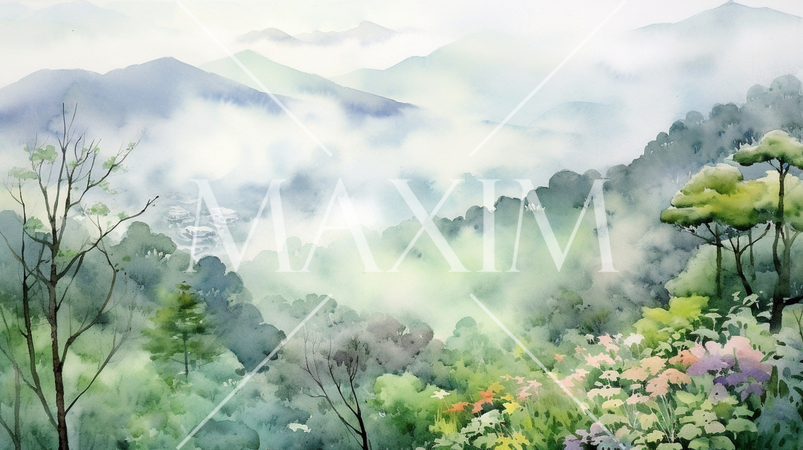 早朝の里山に朝靄が雲海のようかかる。水彩画にした。