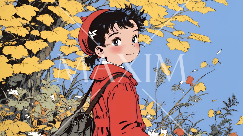 紅葉の小径を歩く少女