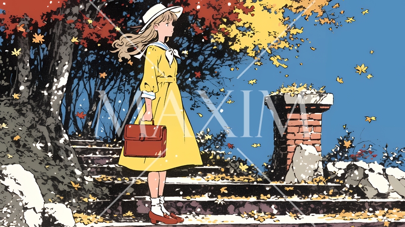 紅葉の小径を歩く若い女性