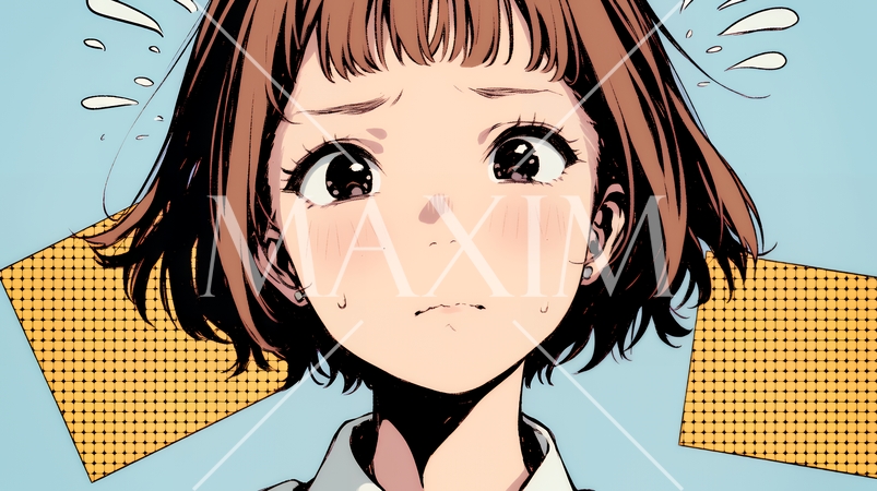 苦笑いをしている女性（気まずさ、困惑、自嘲、内なる葛藤を抱えて）