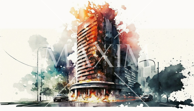 ビルの火災：水彩画