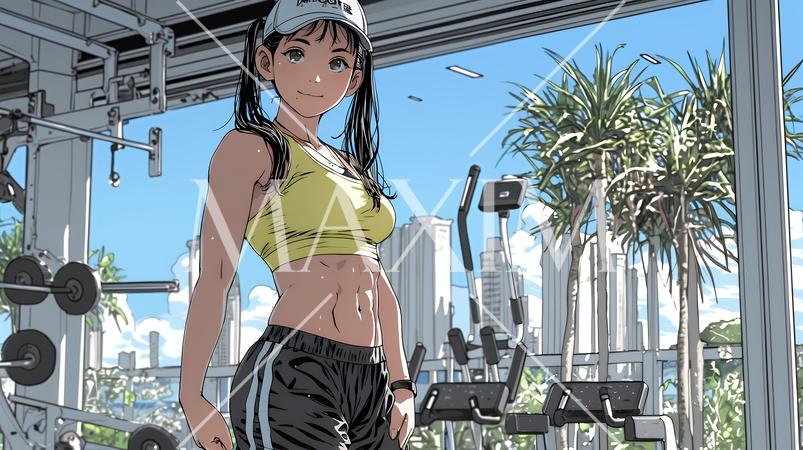 休日にジムで軽く運動する若い女性