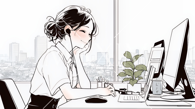 職場のデスクでパソコンに向かって仕事をしているビジネスウーマン（シンプルな色使い）