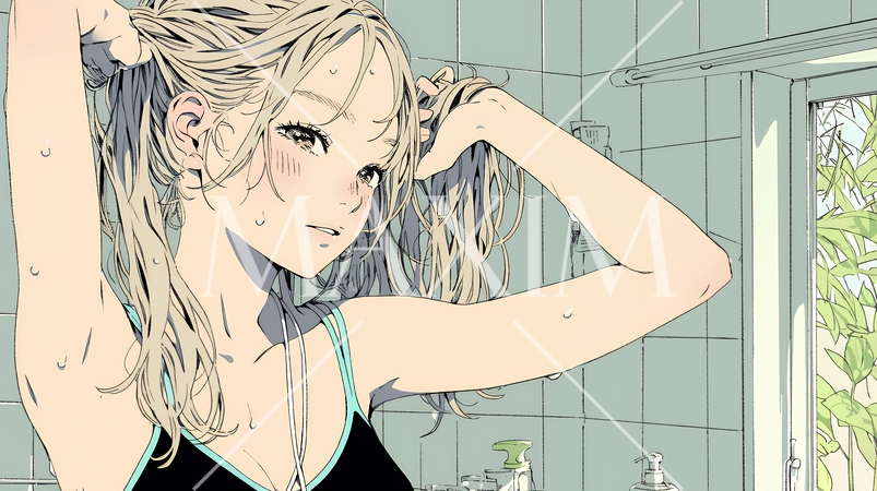 朝支度：洗面所で髪をまとめている若い女性