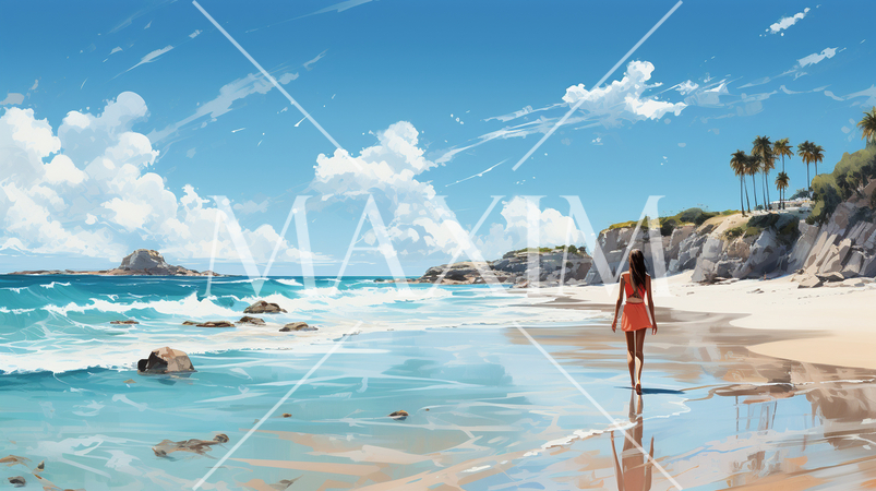 南国の青い空の下、美しい浜辺を歩く若い女性：水彩画