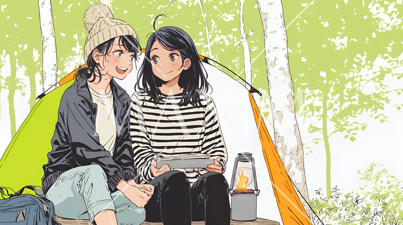 女友達と一緒にテントキャンプを楽しむ若い女性