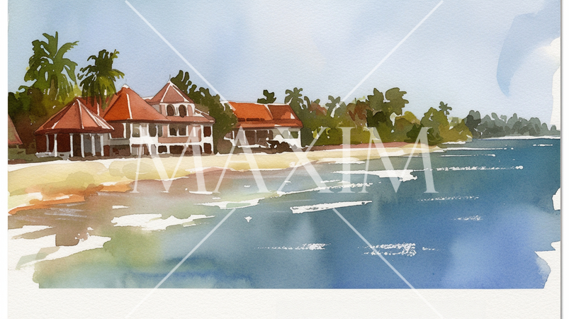 コテージが並ぶ南国の海辺の風景