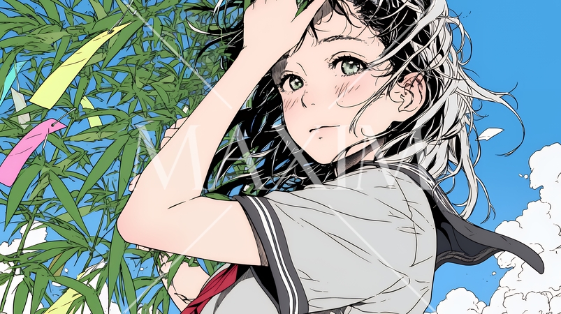 七夕飾りと制服を着た女子高生