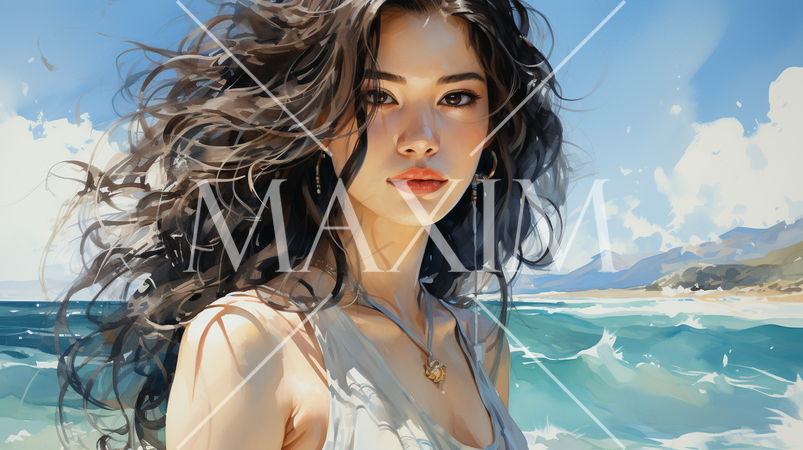 南国の青い空の下、美しい浜辺を歩く若い女性：水彩画