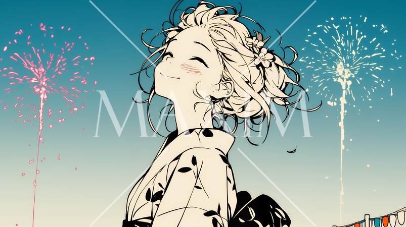 打ち上げ花火を見ている浴衣を着た若い女性（シンプルな色使い）