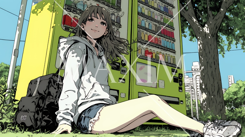 自動販売機で飲み物を購入する若い女性｜日常・ライフスタイル・屋外シーン
