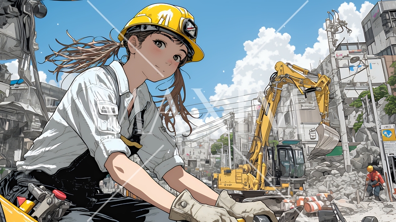 建設現場で重機を操作する若い女性