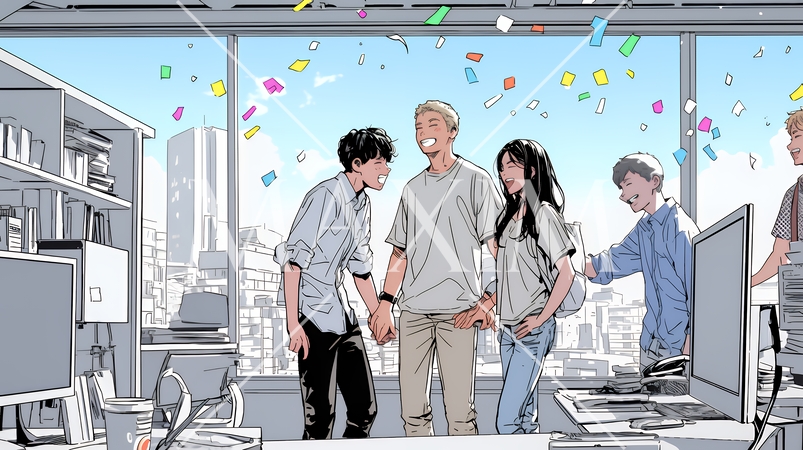 プロジェクト成功を喜ぶスタートアップチーム｜オフィスで大喜びするビジネスパーソン