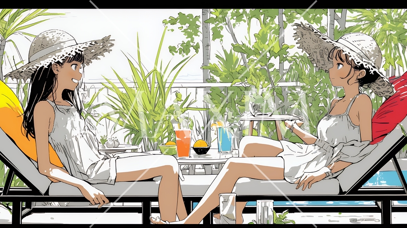 プールサイドのデッキチェアで談笑する女友達たち｜夏のリゾートで過ごすリラックスしたライフスタイルイメ