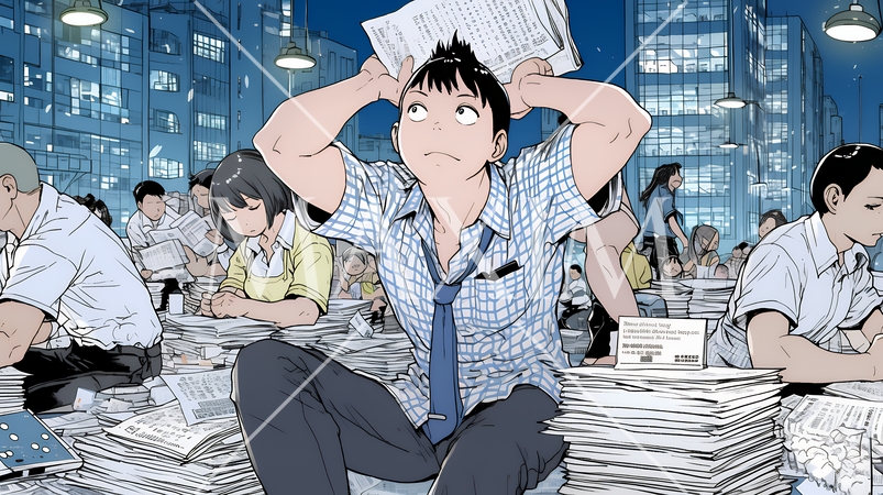 期日には間に合いそうもない書類の山と格闘中のビジネスパーソン達
