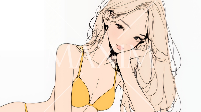 南国のビーチに寝そべるビキニ姿の若い女性（シンプルな色使い）