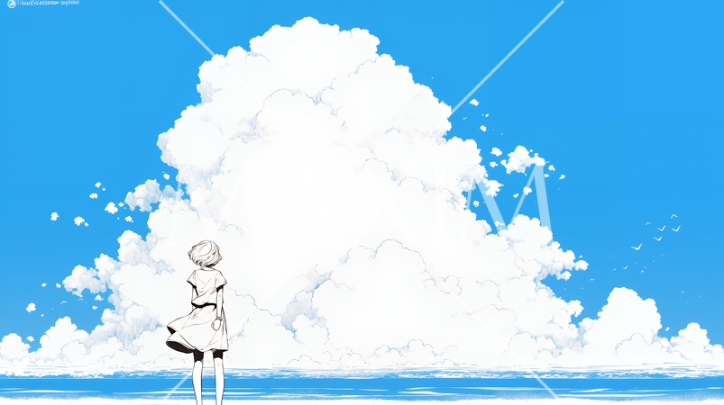 夏の海と入道雲と若い女性（シンプルな色使い）