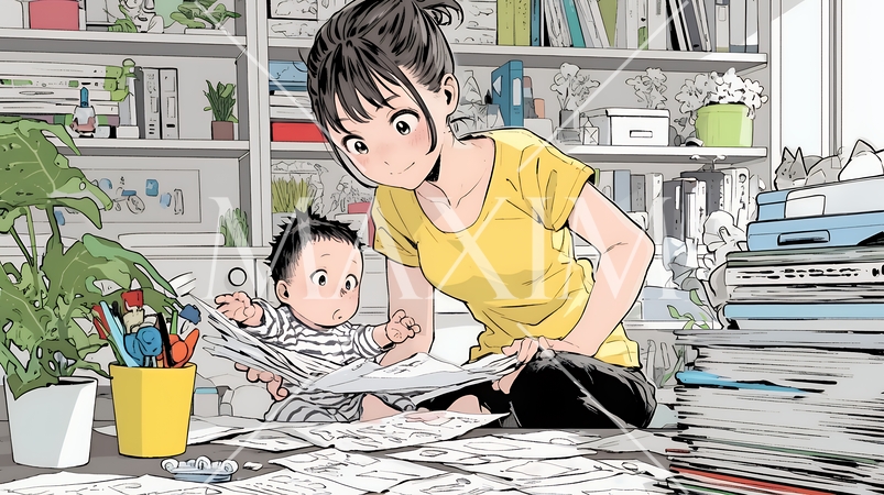 家の中で子どもと遊んでいる若い母親