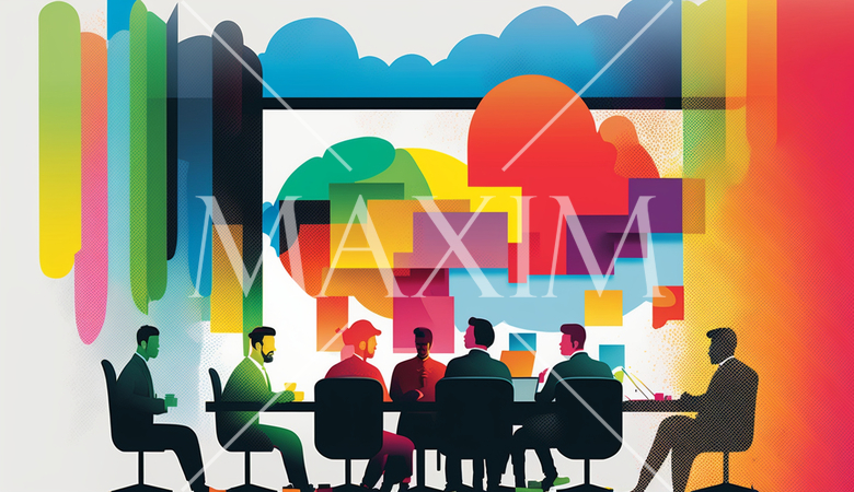 会議とブレインストーミング：人々が会議室で議論し、アイデアを出し合う場面。