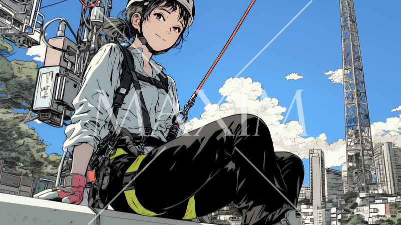 高所で作業をしている女性作業員