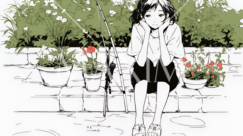 夏休みの思い出：海辺の町への一人旅（シンプルな色使い）