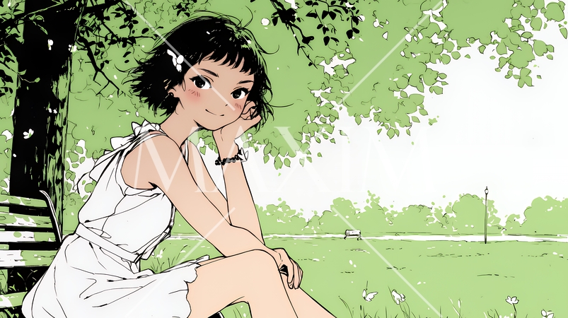 公園のベンチでひとり静かにくつろぐ若い女性（シンプルな色使い）