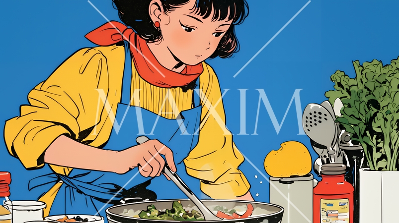 なれない料理に奮闘中の若い女性