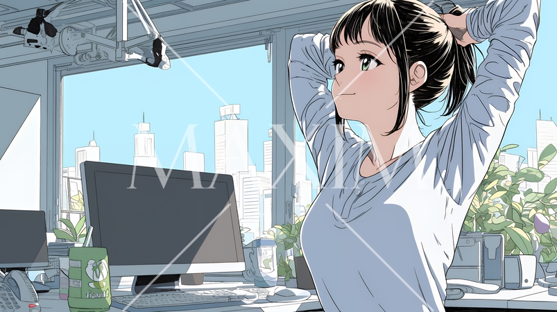 仕事の合間にストレッチ（伸び）をする女性