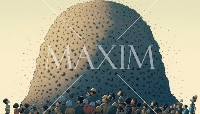 ちりも積もれば山となる：空から塵が降ってきて山のように積もっている。それを大勢の人が眺めています。