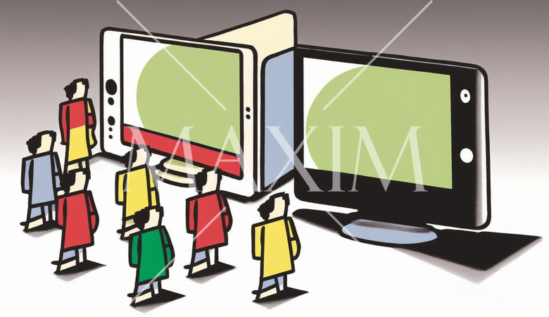 コンピューターと人間の交流：人がデバイスを操作する、情報交換の様子。漫画風。