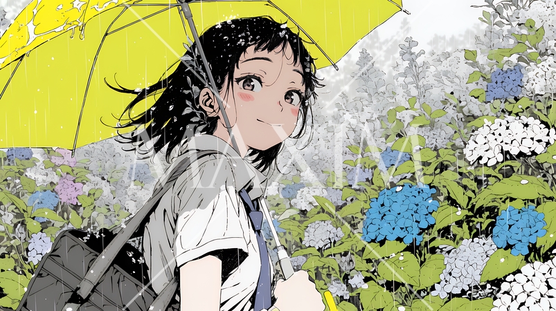 アジサイと梅雨の長雨と若い女性