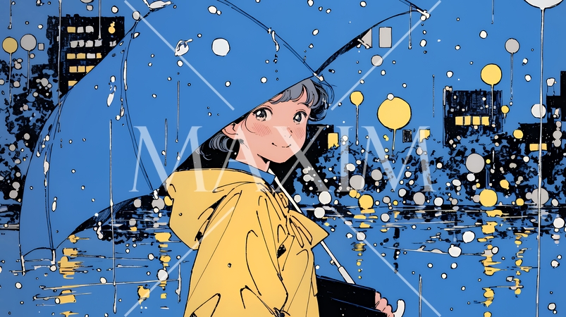 雨の日に傘をさして歩く若い女性