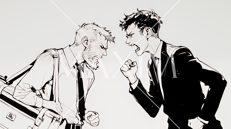 オフィスで言い争いをしているビジネスパーソン（シンプルな色使い）