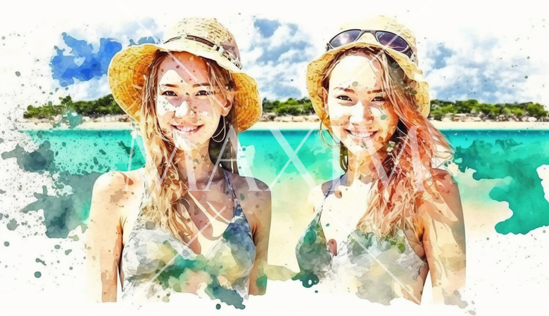 南国の島でリゾート気分の若い女友達たち