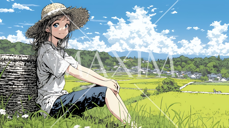 田んぼで農作業をしている女性