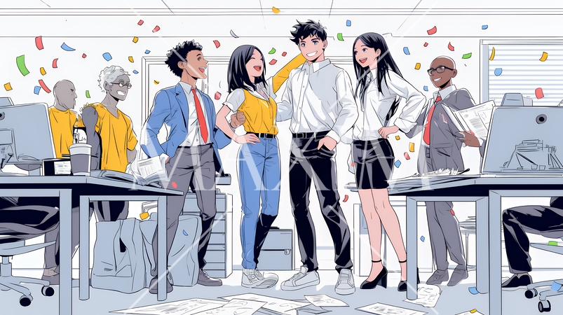 プロジェクト成功を喜ぶスタートアップチーム｜オフィスで大喜びするビジネスパーソン